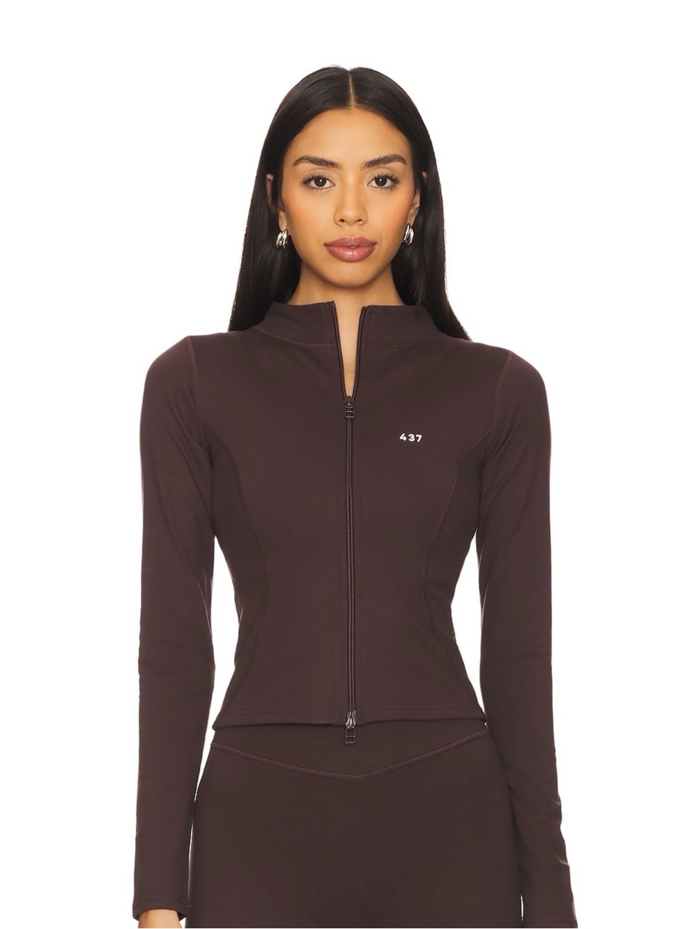 437 Women's Long Sleeve Zip Front Top in Dark Brown